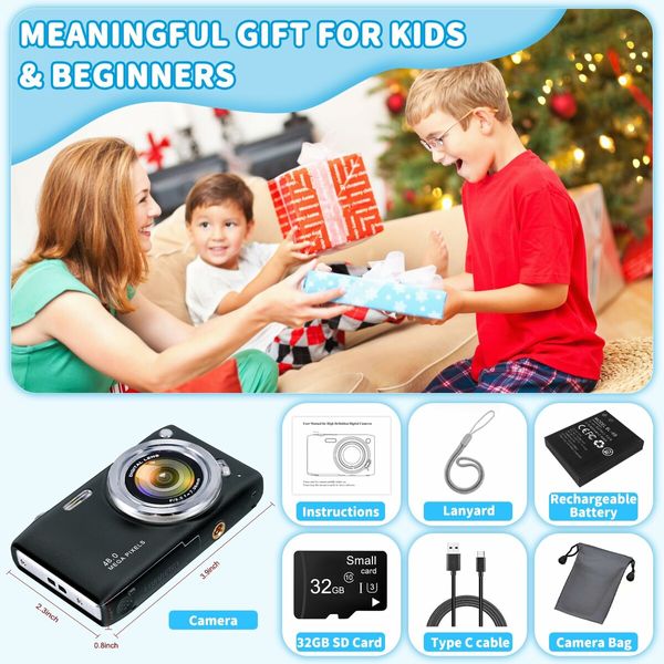 48MP Digital Camera for Beginners - Compact and Easy-to-Use with Macro Mode, 1080P HD Video, Flash, 16x Zoom, Anti-Shake, and 32GB SD Card (Black)