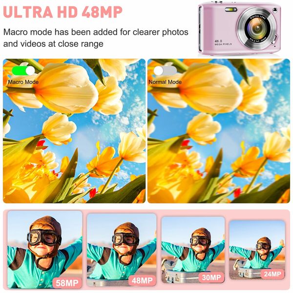 48MP Point and Shoot Digital Camera with 32GB SD Card, Macro Mode, 1080P HD, Flash, 16x Zoom, Anti Shake, 2.88 inch IPS Screen (Pink)