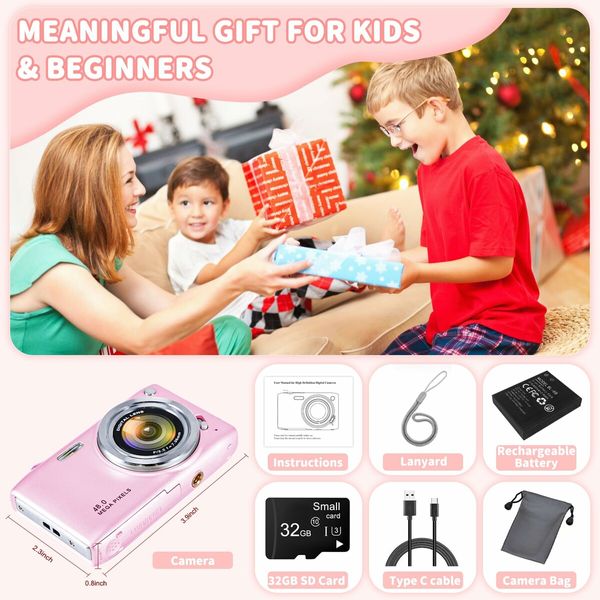 48MP Point and Shoot Digital Camera with 32GB SD Card, Macro Mode, 1080P HD, Flash, 16x Zoom, Anti Shake, 2.88 inch IPS Screen (Pink)