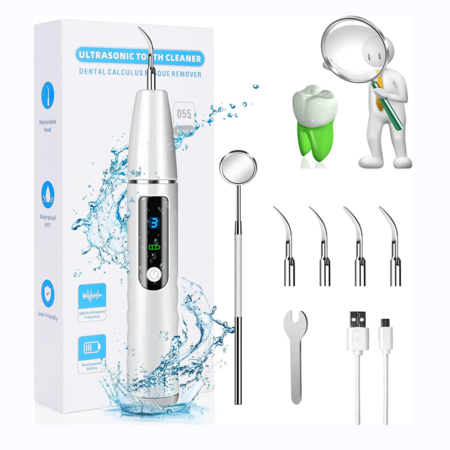 Electric Effective Dental Tool-Teeth Cleaner Kit/Plaque Tartar Remover/ with 4 Replaceable Heads and Oral Mirror -Powerful yet gentle