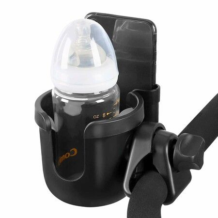 Versatile 2-in-1 Cup and Phone Holder - Fits Strollers, Bikes, Wheelchairs, Walkers, and Scooters (Black)