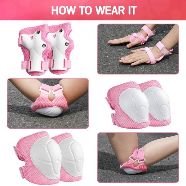 6-PC 3-in-1 Kids Protective Gear Set with Knee Pads and Wrist Guards - Perfect for Skating, Cycling, and Scootering (Pink)