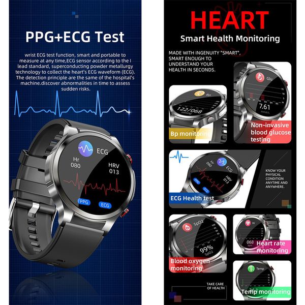 Non-Invasive Glucose Test Smart Watch with Pressure, HeartRate, Body Temperature, Oxygen Sugar Tracking - Silver