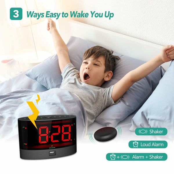 Heavy Sleepers Alarm Clock with Wireless Bed Shaker: Perfect for Hearing-impaired with Adjustable Volume, Dimmer, Wake-up Time, and USB Charger