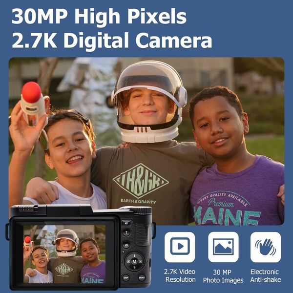 Digital Vlogging Camera: 2.7K FHD, 30MP with 3" Flip Screen and 32GB Card for YouTube, Teens, and Seniors