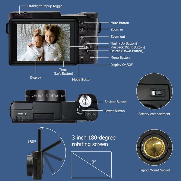 Digital Vlogging Camera: 2.7K FHD, 30MP with 3" Flip Screen and 32GB Card for YouTube, Teens, and Seniors