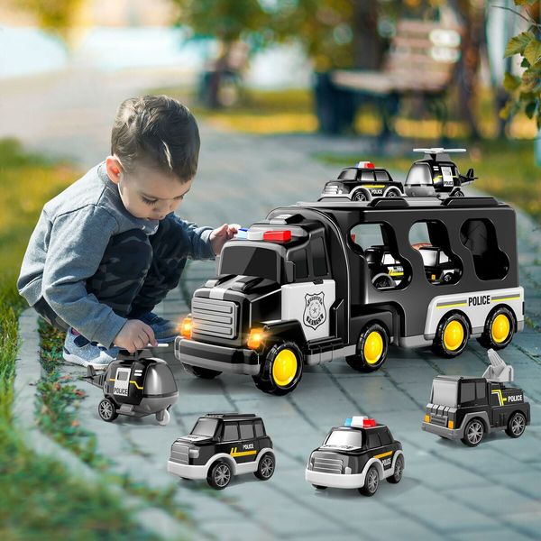 TEMI 5-in-1 Police Truck Toy Set - Friction Powered Emergency Vehicles for Kids 3+