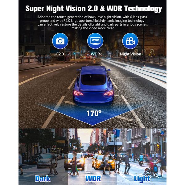 1080P Cars Dash Camera with Night Vision, Free 32GB SD Card, a2.0In IPS Screen, 170 Degree Wide Angle,WDR,24H Parking Mode,Loop Recording