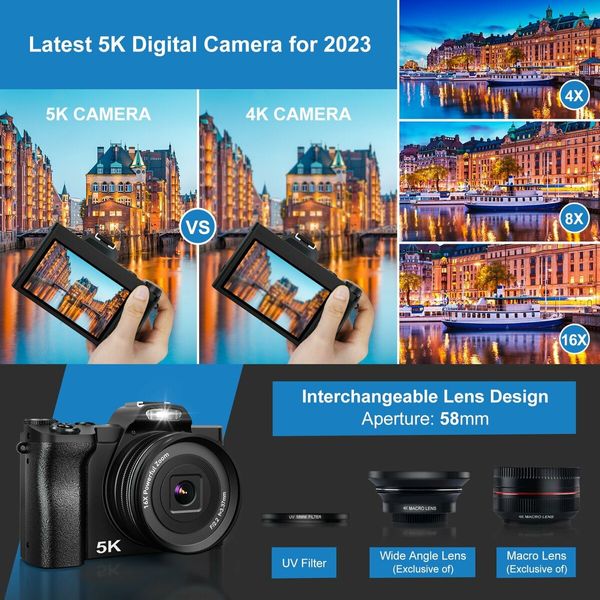 5K WiFi Vlogging Digital Camera with with 32G SD Card,48MP Autofocus 6-Axis Stabilization,16x Zoom,and Batteries