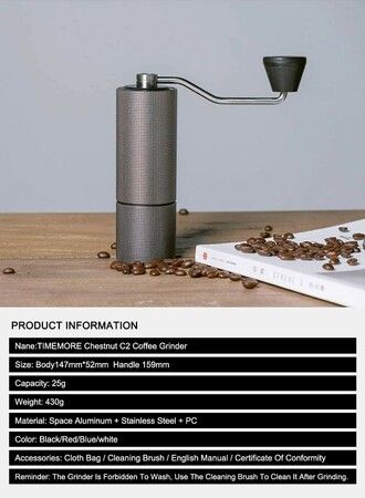 25g Capacity TIMEMORE Chestnut C2 Manual Coffee Grinder with grind size adjustable Internal Setting,CNC stainless steel conical burrs,Double Bearing Positioning (Black)