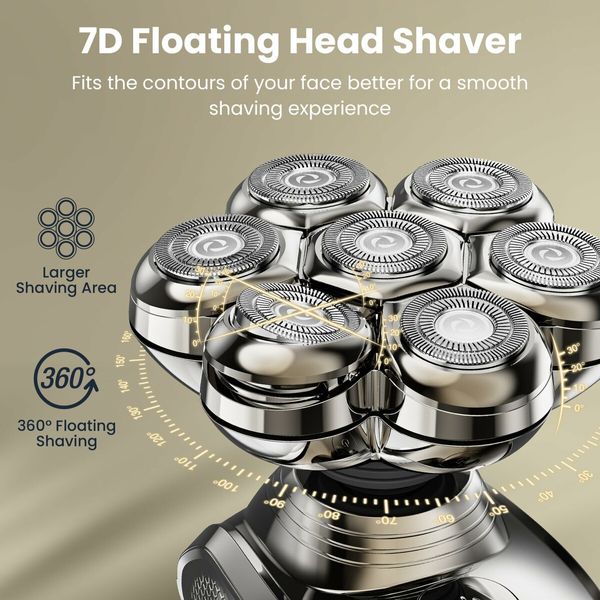 7D Electric Dry/Wet Head Shaver for Bald Men with Detachable Head, LED Display, and IPX7 Waterproof