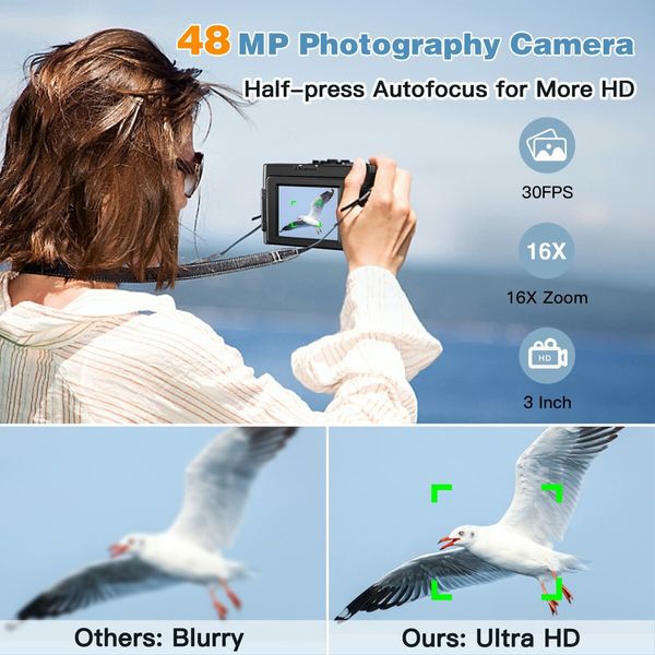 4K Anti-Shake Digital Camera for Stunning Photography and Smooth Video-48MP Vlogging Camera with Large 3" flip screen,Autofocus,SD Card,Built-in flash,16X Zoom (2 Batteries Included)