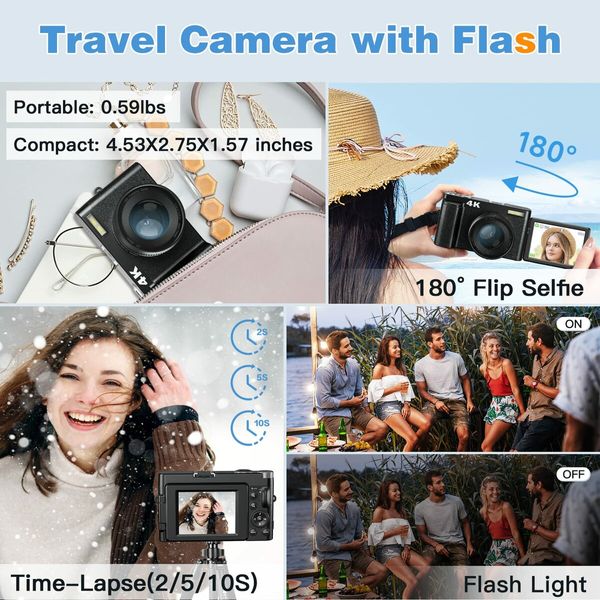 4K Anti-Shake Digital Camera for Stunning Photography and Smooth Video-48MP Vlogging Camera with Large 3" flip screen,Autofocus,SD Card,Built-in flash,16X Zoom (2 Batteries Included)