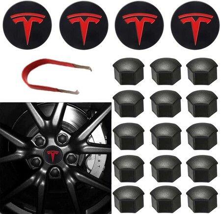 Complete Wheel Cap Kit with Hub Center Caps and Lug Nut Covers in Red for Models 3, Y, S, and X