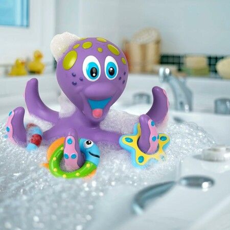 Floating Purple Octopus with 5 Hoopla Rings: Interactive Bath Toy for Toddlers and Kids