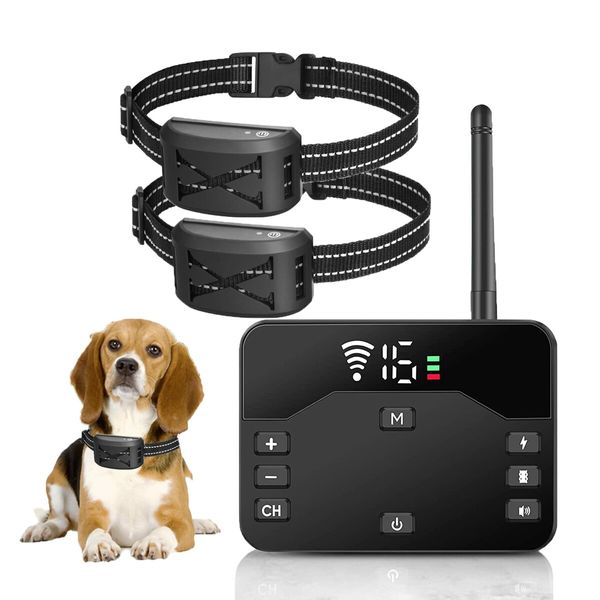 2-in-1 Dog Pet Electric Fence System and Anti-Bark Adjustable Dog Training Collar Containment System for 2 Dogs