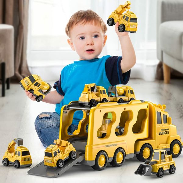 Kids 5-in-1 Construction Truck Toys, Friction Powered Vehicles with Carrier for Imaginative Play, Perfect Age 3+ Christmas or Birthday Gifts