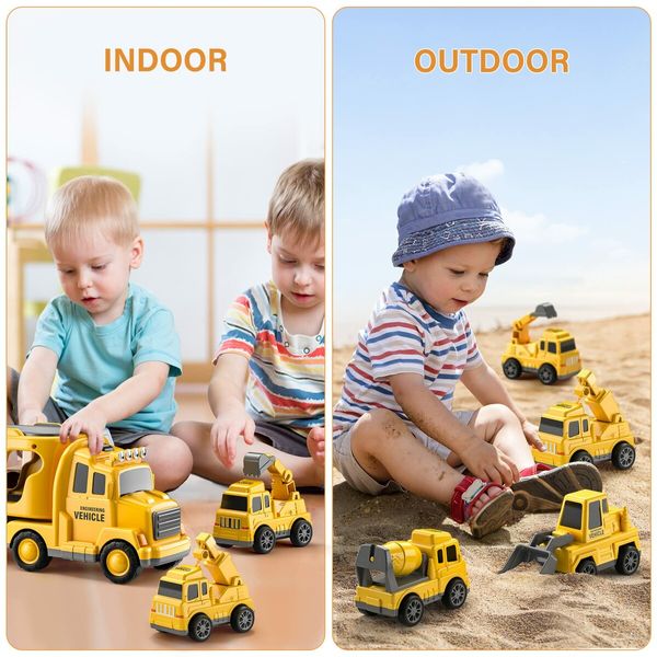 Kids 5-in-1 Construction Truck Toys, Friction Powered Vehicles with Carrier for Imaginative Play, Perfect Age 3+ Christmas or Birthday Gifts