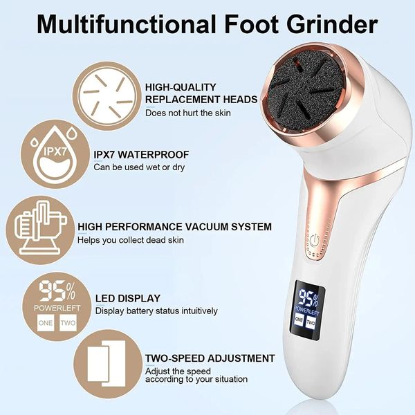 Electric Callus Remover: Rechargeable Foot Care Tool with 3 Rollers and 2 Speeds for Callus and Dead Skin Removal (White)