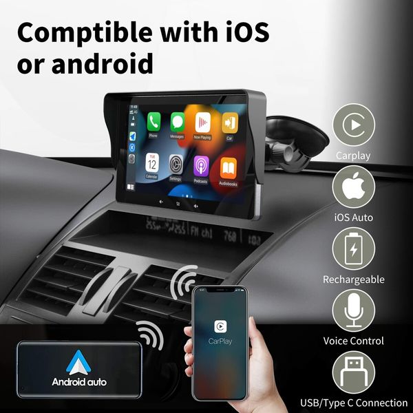 7-inch HD Double Din Car Stereo with Wireless CarPlay, Android Auto, Mirror Link, and Navigation for All Vehicles