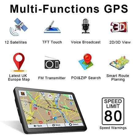 7 Inch GPS Navigation for Truck RV Car, Multi Functional Touch Screen, Free Lifetime Map Updates, Speed Warning(Black)