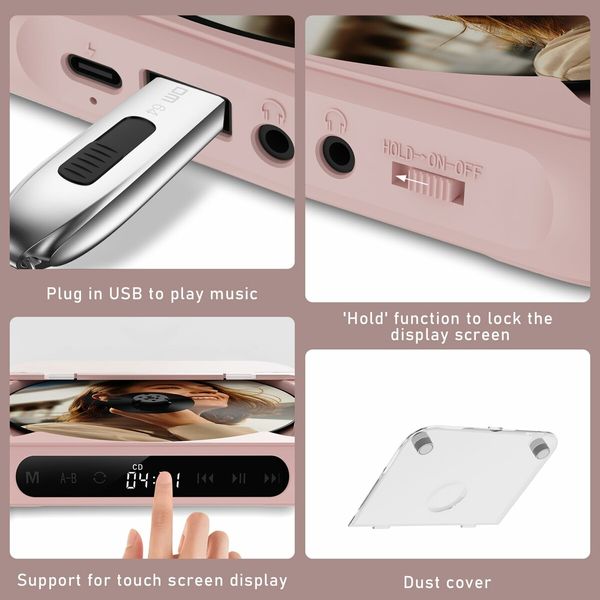 Portable CD Player with Bluetooth and Headphones, LCD Touch Screen & Anti-Skip/Shockproof (Pink)