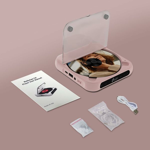 Portable CD Player with Bluetooth and Headphones, LCD Touch Screen & Anti-Skip/Shockproof (Pink)