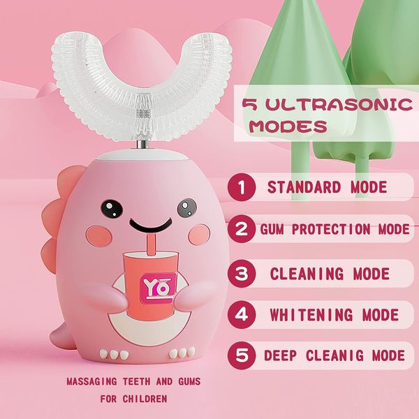 Kids U-Shaped Electric Toothbrush, Multiple Modes, and Waterproof Protection for Ages 6-12 (Pink)