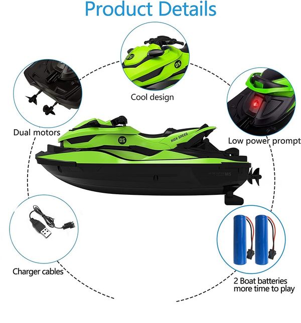 Kids RC Boat with Dual Motors, 2 Batteries, 2 Charger Cables, and Low Battery Prompt (Green)