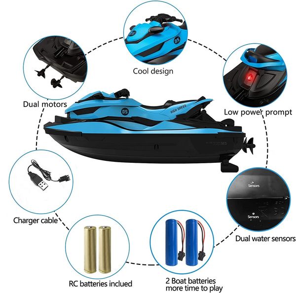 Remote Control Boat for All: High-Performance Motor Boat with Dual Motors, 2 Batteries, and Low Battery Prompt (Blue)