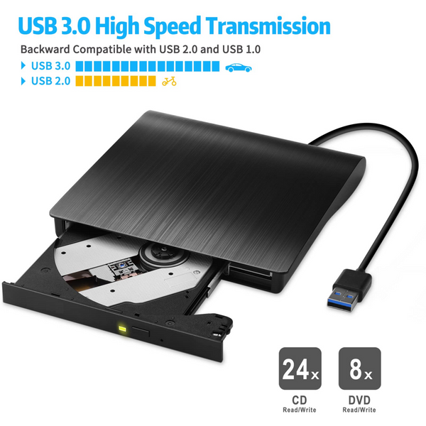 External USB 3.0 DVD Drive,Portable CD/DVD Player+/-RW Drive CD ROM Burne for Laptop Desktop PC Windows Linux OS Apple Mac Wide Compatibility