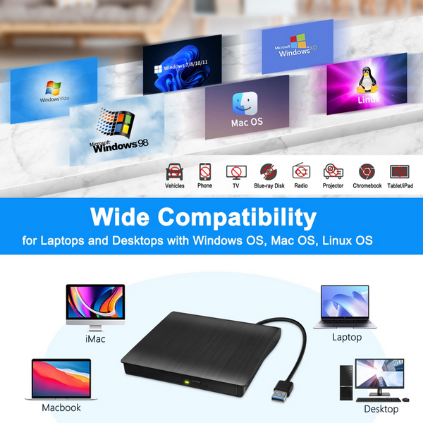 External USB 3.0 DVD Drive,Portable CD/DVD Player+/-RW Drive CD ROM Burne for Laptop Desktop PC Windows Linux OS Apple Mac Wide Compatibility