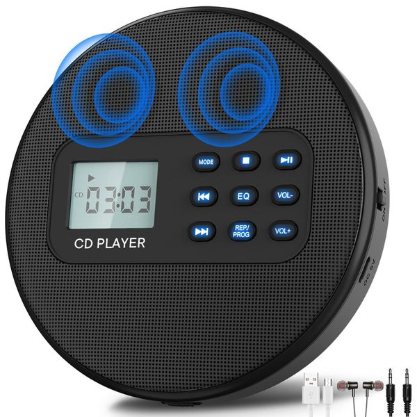 Rechargeable Portable Walkman CD Player with Stereo Speakers, Anti-Skip Protection, Headphones, LCD Display with Backlight