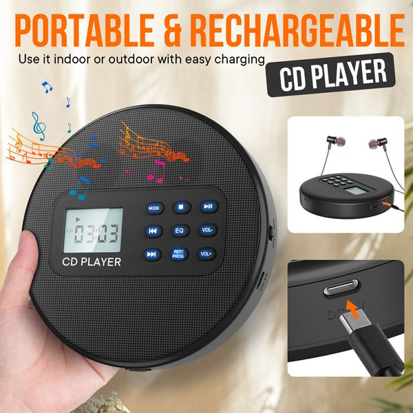 Rechargeable Portable Walkman CD Player with Stereo Speakers, Anti-Skip Protection, Headphones, LCD Display with Backlight