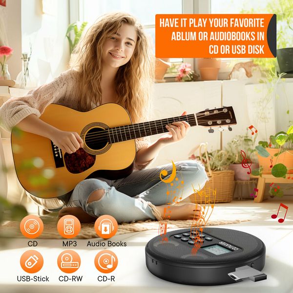 Rechargeable Portable Walkman CD Player with Stereo Speakers, Anti-Skip Protection, Headphones, LCD Display with Backlight