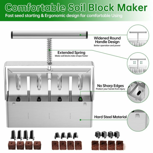 4-Cell Soil Block Maker with 2 Inch Blocks and 3 Seed Pin Sizes | Comfortable Handle for Easy Blocking in Gardens, Greenhouses, and Plant Propagation