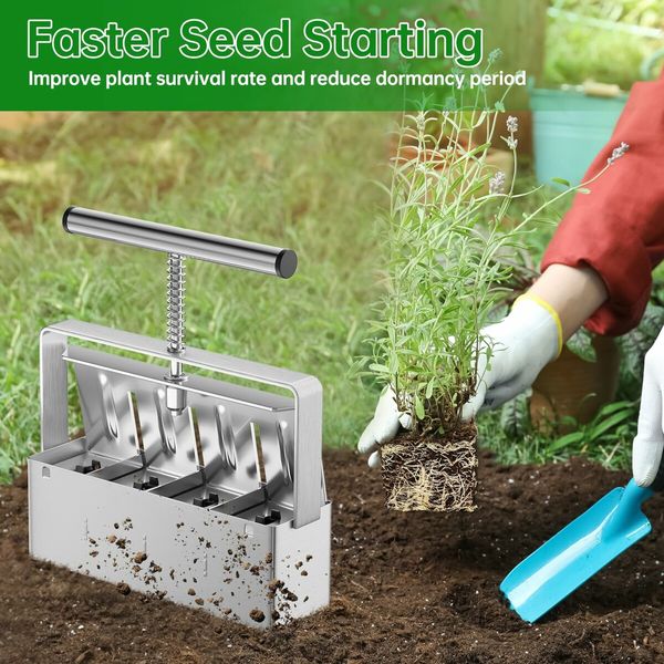 4-Cell Soil Block Maker with 2 Inch Blocks and 3 Seed Pin Sizes | Comfortable Handle for Easy Blocking in Gardens, Greenhouses, and Plant Propagation