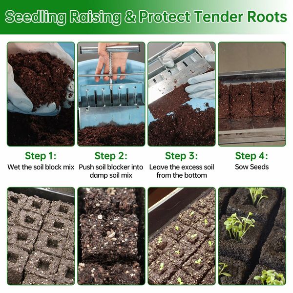 4-Cell Soil Block Maker with 2 Inch Blocks and 3 Seed Pin Sizes | Comfortable Handle for Easy Blocking in Gardens, Greenhouses, and Plant Propagation