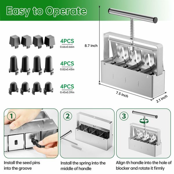 4-Cell Soil Block Maker with 2 Inch Blocks and 3 Seed Pin Sizes | Comfortable Handle for Easy Blocking in Gardens, Greenhouses, and Plant Propagation