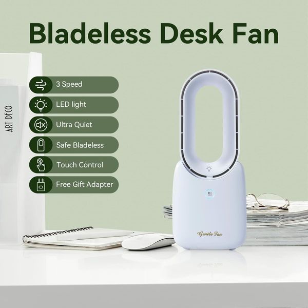 11.8-Inch Bladeless Desk Fan,Personal Cooling Fan: Quiet and Portable with 5-Color LED Light and Touch Controls, Perfect for Home, Office, and Bedroom