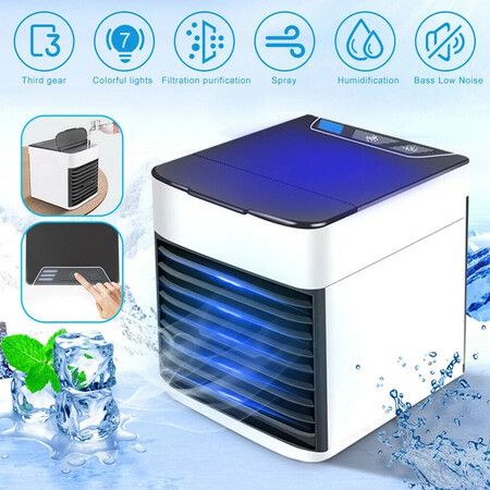 Portable Mini Air Conditioner Fan with bulid in water tank for Cooling Mist, Colorful Lights, USB powered, 3 speed Ideal for home office travel