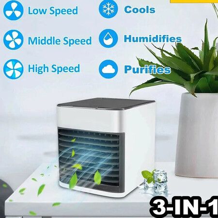 Portable Mini Air Conditioner Fan with bulid in water tank for Cooling Mist, Colorful Lights, USB powered, 3 speed Ideal for home office travel