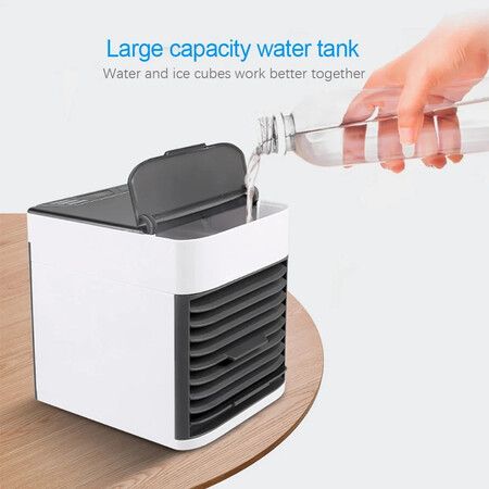 Portable Mini Air Conditioner Fan with bulid in water tank for Cooling Mist, Colorful Lights, USB powered, 3 speed Ideal for home office travel