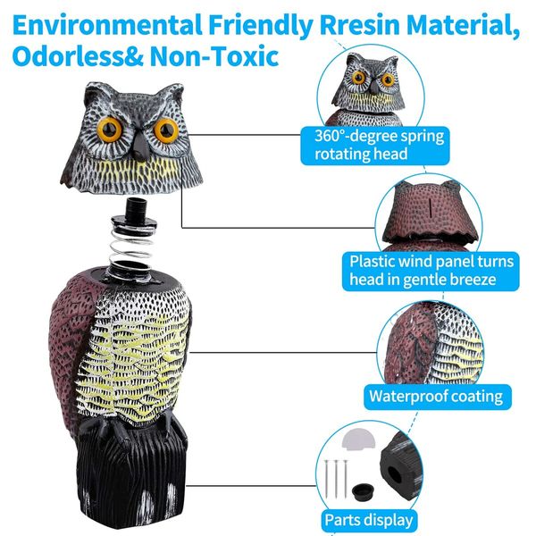 Upgraded 360° Motion-Activated Owl Decoy to Repel Frighten Birds and Squirrels for Garden Yard