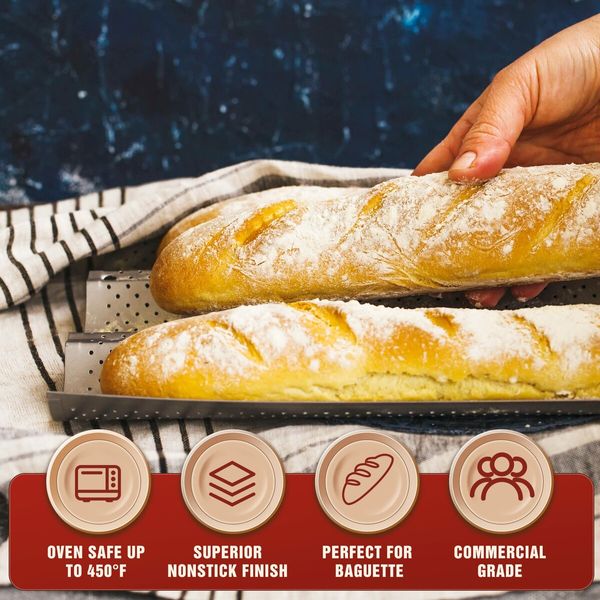 Perforated 2 Loaves Baguettes Bakery Tray,Nonstick Baguette Baking Pans for Perfectly Crisp French Bread(15" x 6.3",Silver)