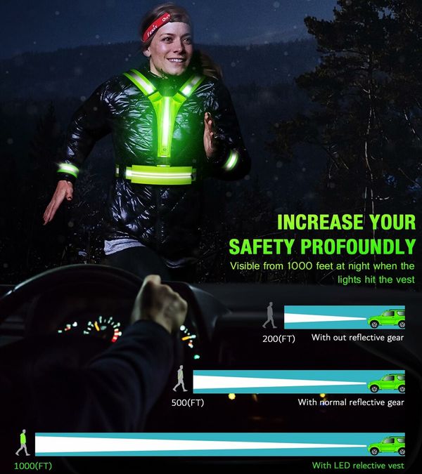 High Visibility LED Reflective Running Vest with USB Rechargeable Light,Waterproof Phone Bag,Armband,Adjustable Fit for Men Women (Green)