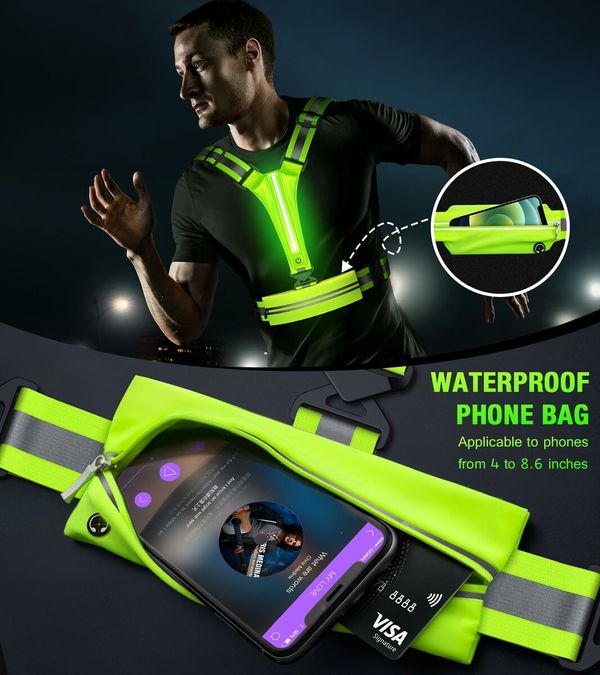 High Visibility LED Reflective Running Vest with USB Rechargeable Light,Waterproof Phone Bag,Armband,Adjustable Fit for Men Women (Green)