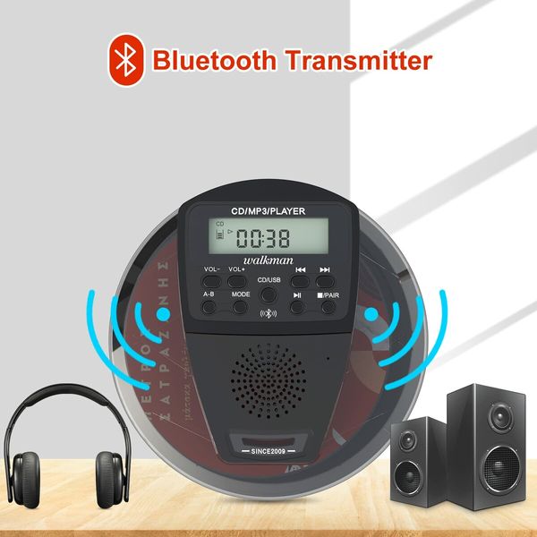 Rechargeable Portable Walkman CD Player with Bluetooth,Anti-skip & shockproof technology uninterrupted listening,Stereo Speakers,LCD Display