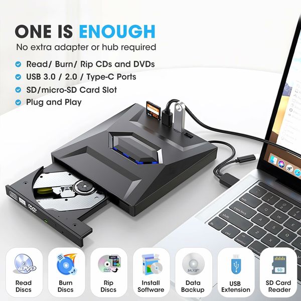 External CD Burner DVD +/-RW Drive with SD Card Reader and USB 3.0+2.0/Type-C Input Ports - Versatile  CD-ROM DVD Player Optical Drive for Laptops,PCs,Macs