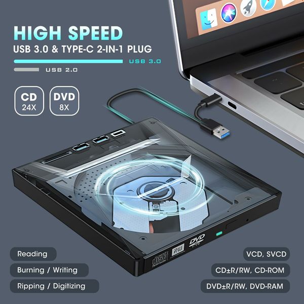 External CD Burner DVD +/-RW Drive with SD Card Reader and USB 3.0+2.0/Type-C Input Ports - Versatile  CD-ROM DVD Player Optical Drive for Laptops,PCs,Macs